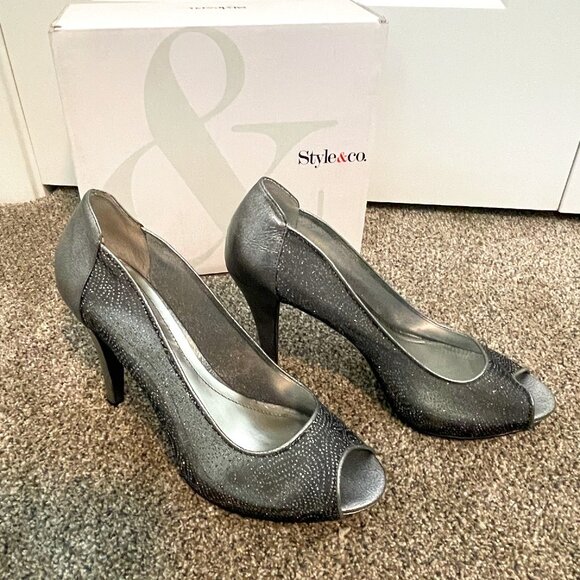 Style & Co Pewter Peep Toe Heels SZ 10 - Picture 2 of 8